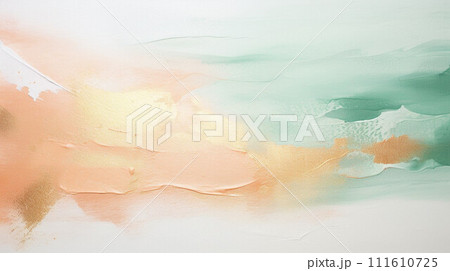 AI-generated content. Painting with gentle strokes of pastel green, peach hues blending softly on a textured canvas 111610725