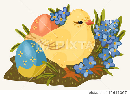 Easter chick with colored decorative Easter eggs and spring flowers. Vector isolated illustration. 111611067