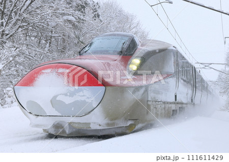 雪降る仙岩峠を走る秋田新幹線 111611429