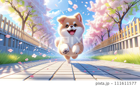 満開の桜並木を走ってこちらに向かってくる可愛い犬。AI画像。 111611577