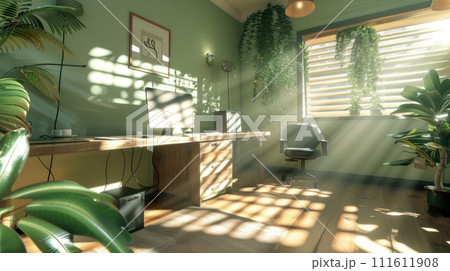 Stylish and modern home office setup with natural light and green plants, showcasing a comfortable and productive remote work environment 111611908