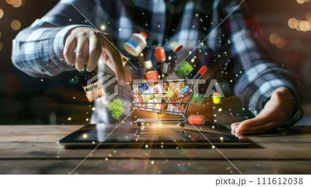 Person shopping on a tablet with virtual shopping cart and products floating around, symbolizing the ease of online shopping Person shopping on a tablet with virtual shopping cart and products floating around, symbolizing the ease of online shopping 111612038