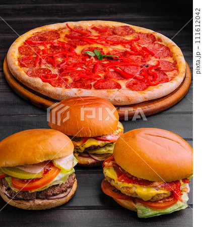 Table or delivery foods scene of assorted take out 111612042