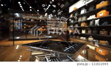 Person shopping on a tablet with virtual shopping cart and products floating around, symbolizing the ease of online shopping Person shopping on a tablet with virtual shopping cart and products floating around, symbolizing the ease of online shopping 111612043