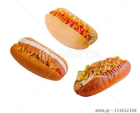 Delicious hot dogs with mustard and ketchup on white background 111612168