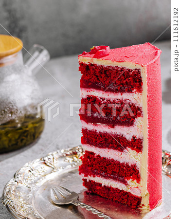 piece of delicious red velvet cake with tasty cream piece of delicious red velvet cake with tasty cream 111612192