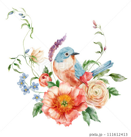 Watercolor bouquet of peonies, forget-me-not, ranunculi and song bird. Hand painted card of floral elements isolated on white background. Holiday flowers Illustration for design, print or background. 111612413