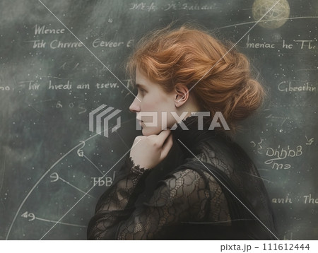 Beautiful young woman pondering on science problem 111612444