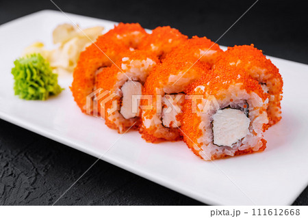 Macro shot of california maki sushi rolls with rice 111612668