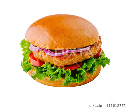 hamburger with juicy chicken burger isolated on white 111612775