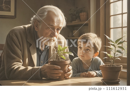 世代 バトン 小さな苗木に次世代への思いを馳せる老人と孫 世代 バトン 小さな苗木に次世代への思いを馳せる老人と孫 111612931