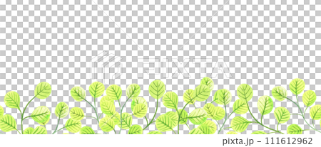 Repeated seamless floral border stripe with bright green leaves. Watercolor hand drawn illustration isolated on white background. Yellow transparent flowers. For design. decoration, wallpaper, textile 111612962