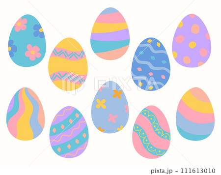 Easter eggs. Set of bright colorful Easter eggs. Eggs with different patterns. Easter vector collection isolated on white background. 111613010