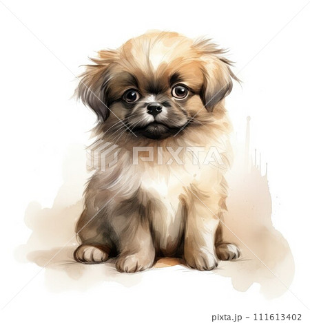 AI-generated content. Pekingese. Realistic watercolor dog illustration. Funny doggy drawing template. Art for card, poster and other. Illustration of dog on white background AI-generated content. Pekingese. Realistic watercolor dog illustration. Funny doggy drawing template. Art for card, poster and other. Illustration of dog on white background 111613402