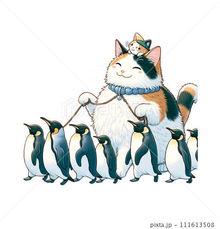 三毛猫かあちゃん ペンギンたちとお出かけ メルヘン Generative AIの