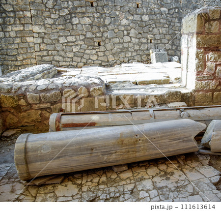 The building of t Church of St Nicholas in Turkey, Demre. Walls, columns and frescoes on the wall of the temple. 111613614