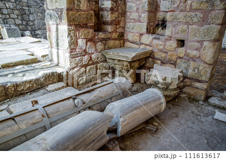 The building of Church of St. Nicholas in Turkey, Demre. Walls, columns and frescoes on the wall of the temple. 111613617