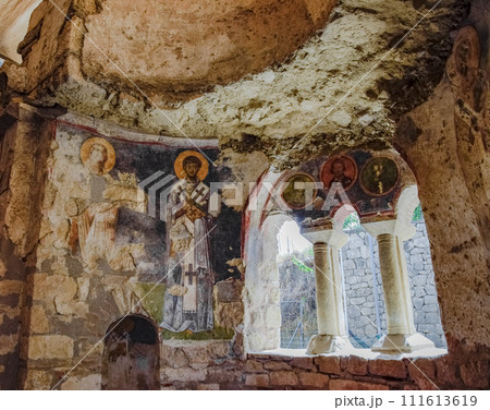 The building of Church of St. Nicholas in Turkey, Demre. Walls, columns and frescoes on the wall of the temple. 111613619