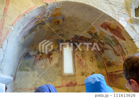 The building of Church of St. Nicholas in Turkey, Demre. Walls, columns and frescoes on the wall of the temple. 111613626