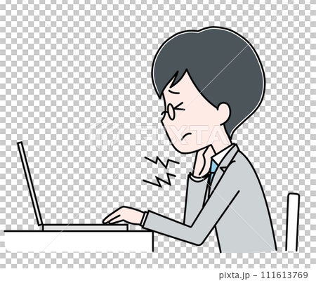 一個穿著西裝、帶著電腦、頸部疼痛的男人 111613769