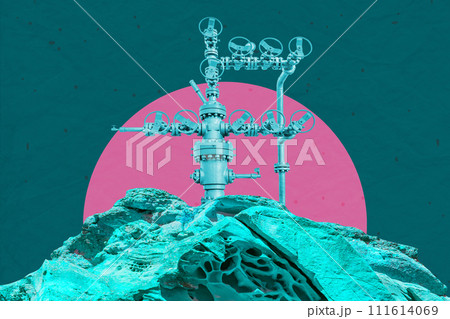Surreal collage with industrial oil rig. Art poster, template concept design or zine cover. Wellhead 111614069