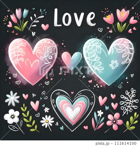 Chalk hearts of three different sizes and colors with the message "Love" on them. 111614100