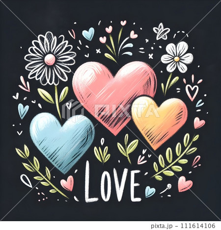 Chalk hearts of three different sizes and colors with the message "Love" on them. 111614106
