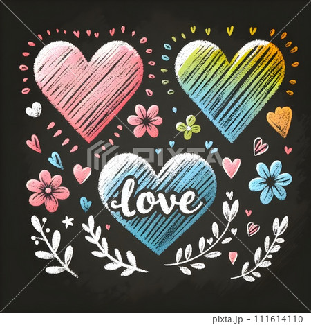 Chalk hearts of three different sizes and colors with the message "Love" on them. 111614110