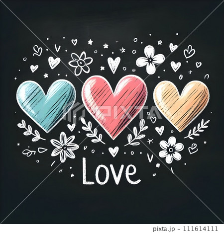 Chalk hearts of three different sizes and colors with the message "Love" on them. 111614111