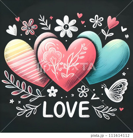 Chalk hearts of three different sizes and colors with the message "Love" on them. 111614112