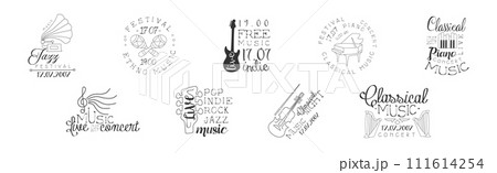 Music Festival Logo and Free Live Concert Label Vector Set 111614254
