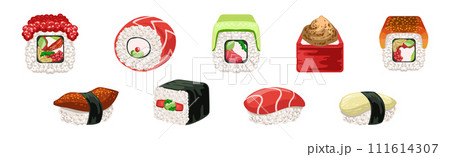 Sushi and Roll Food with Seafood and Rice Vector Set Sushi and Roll Food with Seafood and Rice Vector Set 111614307