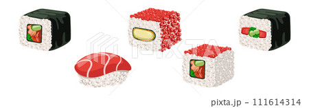 Sushi and Roll Food with Seafood and Rice Vector Set 111614314