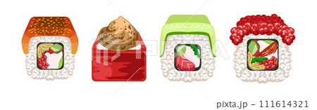 Sushi and Roll Food with Seafood and Rice Vector Set Sushi and Roll Food with Seafood and Rice Vector Set 111614321