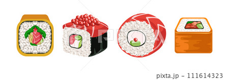 Sushi and Roll Food with Seafood and Rice Vector Set Sushi and Roll Food with Seafood and Rice Vector Set 111614323