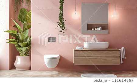 AI-generated content. Bright bathroom with white sink on a wooden countertop, monochrome beige pink colors, daytime. Interior design AI-generated content. Bright bathroom with white sink on a wooden countertop, monochrome beige pink colors, daytime. Interior design 111614367