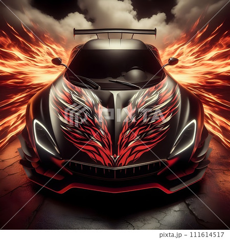 Car with hood of flaming wings, red and black, 3D rendering. Car with hood of flaming wings, red and black, 3D rendering. 111614517