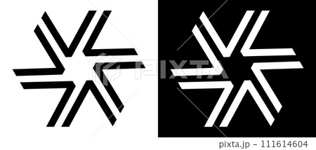 Spiral or circle with lines like letter V as dynamic abstract vector background or logo or icon. Black shape on a white background and the same white shape on the black side. 111614604