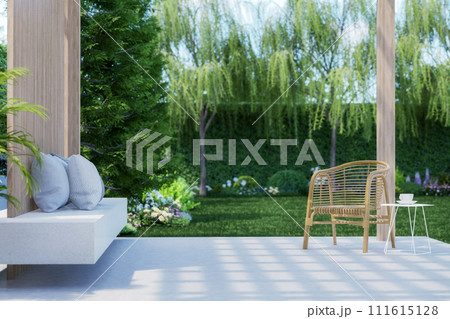 Modern contemporary style wooden pavilion with blurry green garden view background 3d render 111615128