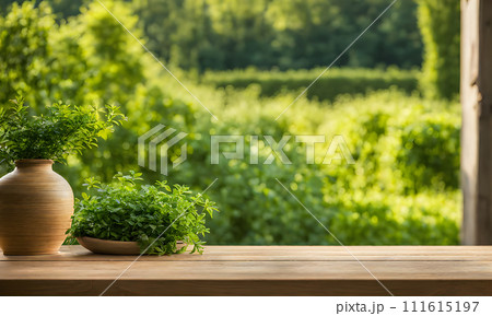 An empty wooden table in the foreground, with a blurred country house in the background against a verdant garden setting An empty wooden table in the foreground, with a blurred country house in the background against a verdant garden setting 111615197