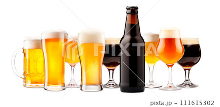 Set of Beer glasses and bottles on a white background. Mugs with drink like Ipa, Pale Ale, Pilsner, Porter or Stout Set of Beer glasses and bottles on a white background. Mugs with drink like Ipa, Pale Ale, Pilsner, Porter or Stout 111615302