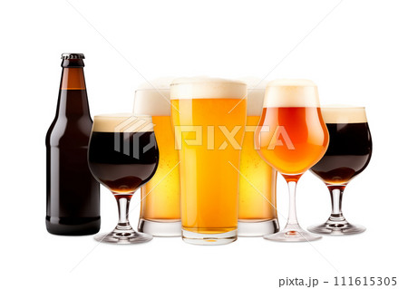 Set of Beer glasses and bottles on a white background. Mugs with drink like Ipa, Pale Ale, Pilsner, Porter or Stout Set of Beer glasses and bottles on a white background. Mugs with drink like Ipa, Pale Ale, Pilsner, Porter or Stout 111615305