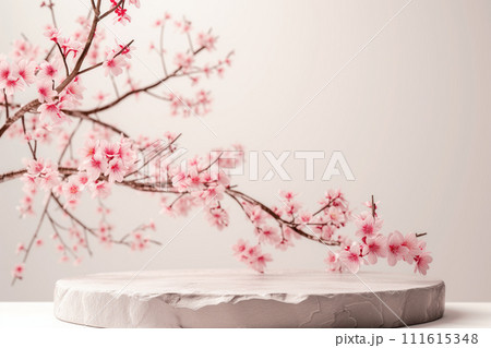 Podium for product demonstration in room adorned with beautiful pink sakura flowers 111615348
