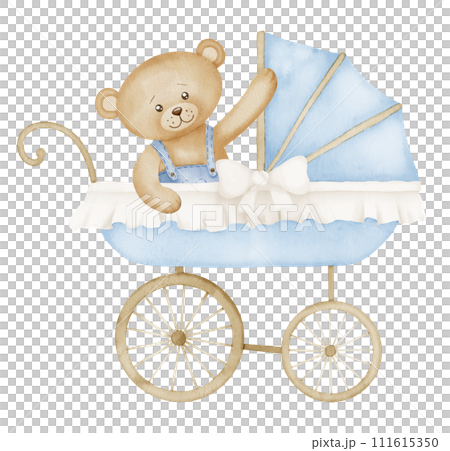 Watercolor Baby Pram with Teddy bear in vintage style. Retro kid Stroller in cute pastel blue and beige colors. Carriage for children. Illustration of perambulator with toy for newborn party. 111615350