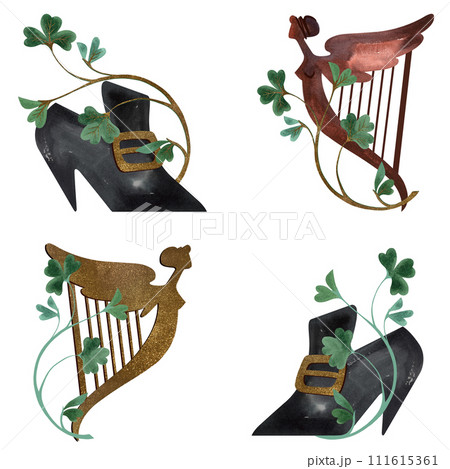 Set of illustrations for St. Patrick's Day. Compositions for postcards and Irish holiday decorations. Isolated watercolor illustration on white background. Set of illustrations for St. Patrick's Day. Compositions for postcards and Irish holiday decorations. Isolated watercolor illustration on white background. 111615361