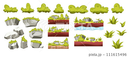Grass and rocks mega set in cartoon graphic design. Bundle elements of green bushes, grey stones with moss, plant leaves, ground asset layers for game interface. Vector illustration isolated objects Grass and rocks mega set in cartoon graphic design. Bundle elements of green bushes, grey stones with moss, plant leaves, ground asset layers for game interface. Vector illustration isolated objects 111615496