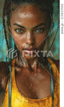 AI-generated content. African American Woman With Braids in Yellow Tank Top. Generative AI. AI-generated content. African American Woman With Braids in Yellow Tank Top. Generative AI. 111615502