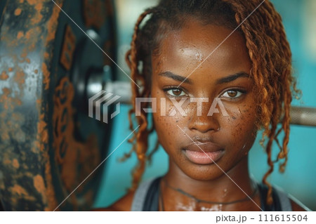AI-generated content. Young Woman With Dreadlocks Gazing at the Camera. Generative AI. AI-generated content. Young Woman With Dreadlocks Gazing at the Camera. Generative AI. 111615504