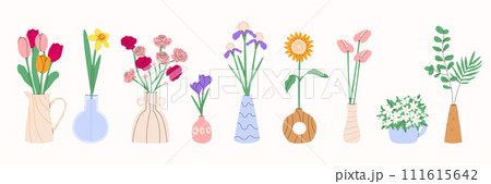 Flower bouquet in vase.Spring and summer flowers, plants for decoration, blooming herbs isolated on white background.Decor abstract ceramic pots. Vector illustration EPS 10 111615642