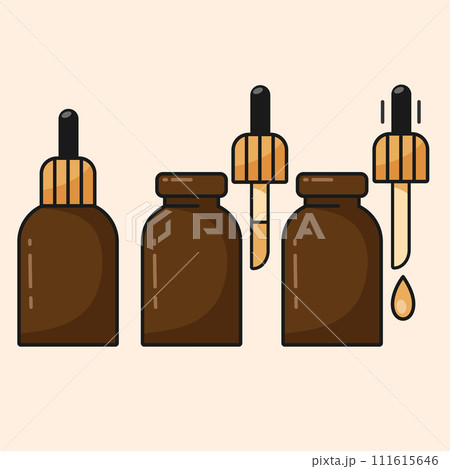 Dropper bottle with serum or oil, linear icons set. Closed, Opened vial with drop,liquid package.Makeup and cosmetology concept.Editable Stroke. Vector illustration EPS 10 111615646